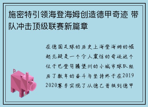 施密特引领海登海姆创造德甲奇迹 带队冲击顶级联赛新篇章 施密特引领海登海姆创造德甲奇迹 带队冲击顶级联赛新篇章